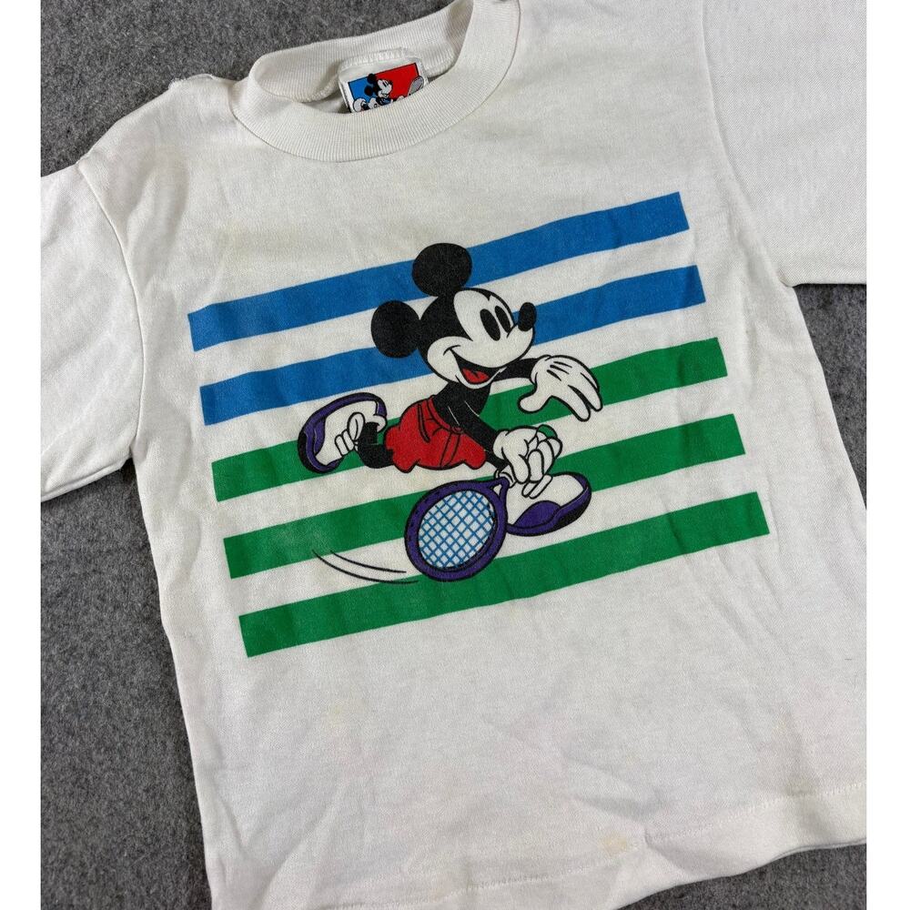 VTG 80s Disney Mickey Mouse Tennis Shirt Boys M White Striped Cartoon Graphic